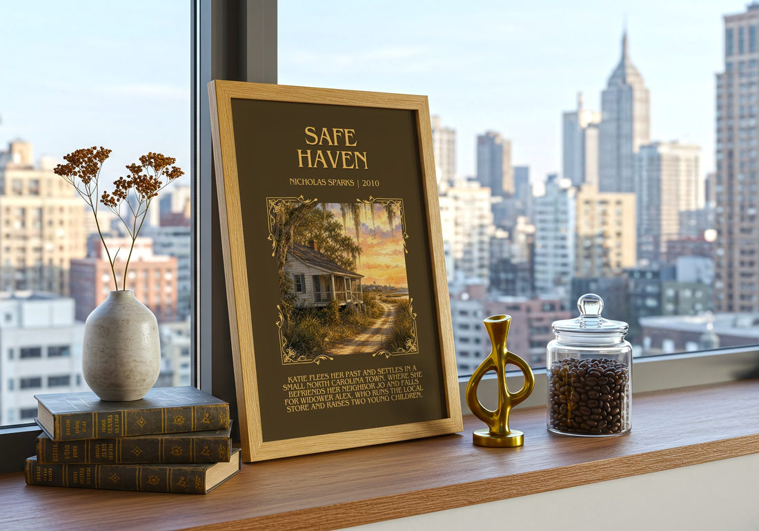 Safe Haven Minimalist Book Poster by Nicholas Sparks – framed print on a city-view windowsill