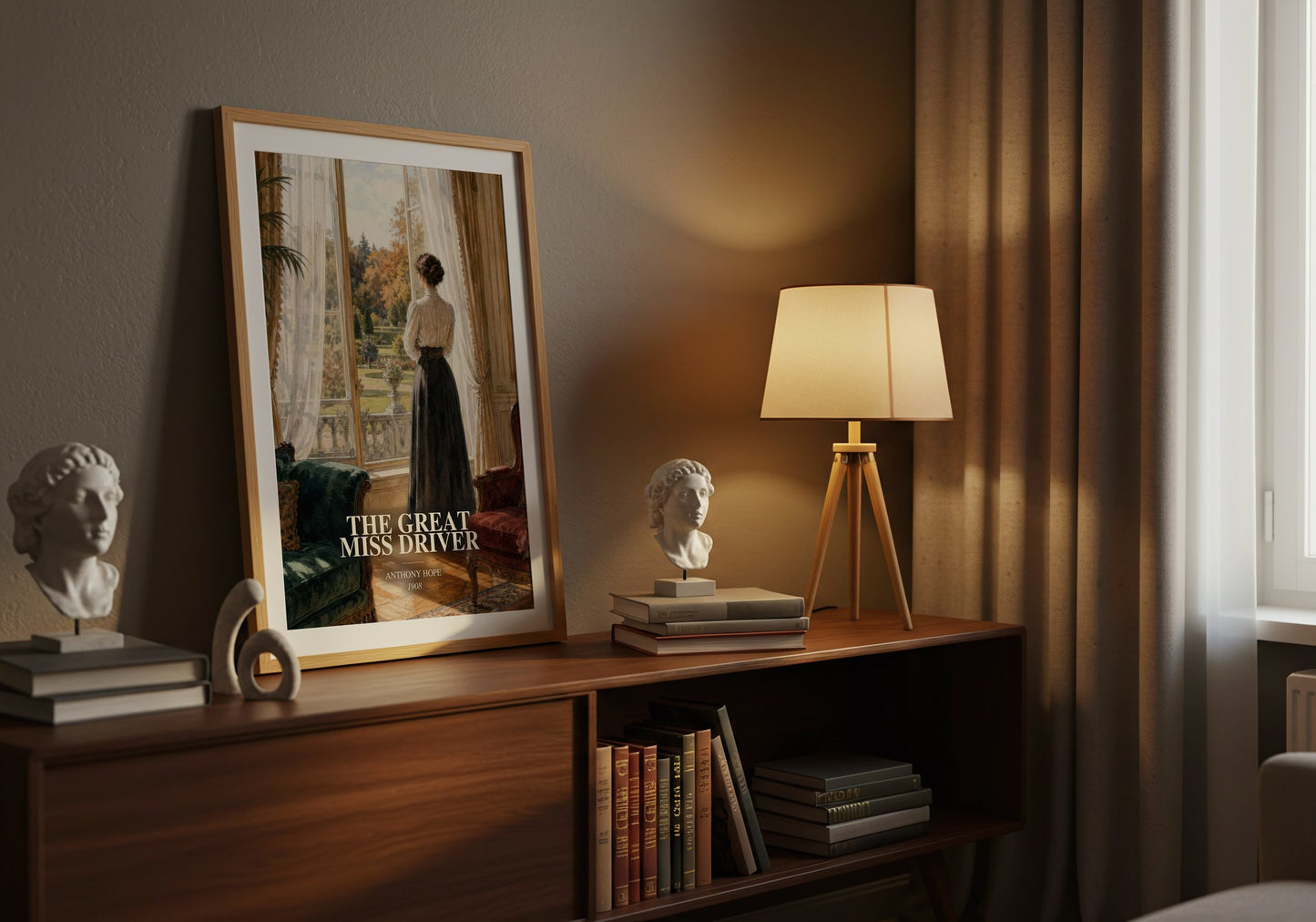 The Great Miss Driver watercolour print on bookshelf – Anthony Hope fan gift