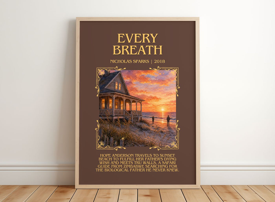 Every Breath Minimalist Book Poster by Nicholas Sparks – framed print leaning on a wooden floor