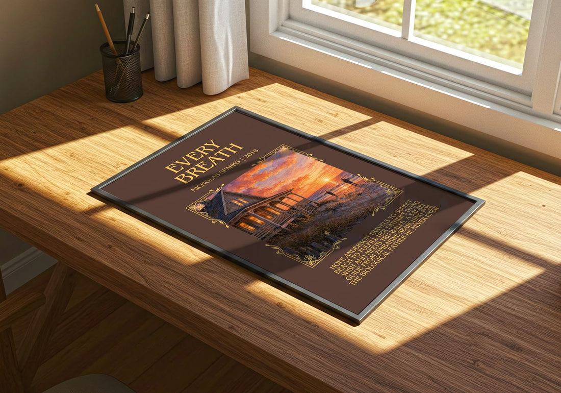 Every Breath Minimalist Book Poster by Nicholas Sparks – print on a sunlit desk