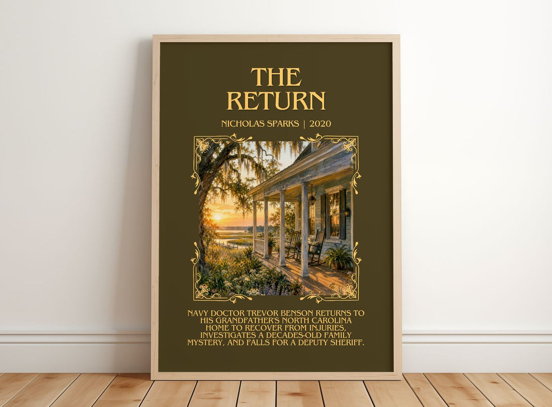 The Return Minimalist Book Poster by Nicholas Sparks – framed print leaning on a wooden floor