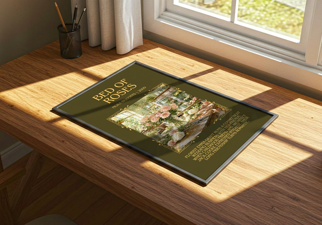 Bed Of Roses Minimalist Book Poster by Nora Roberts – print on a sunlit desk