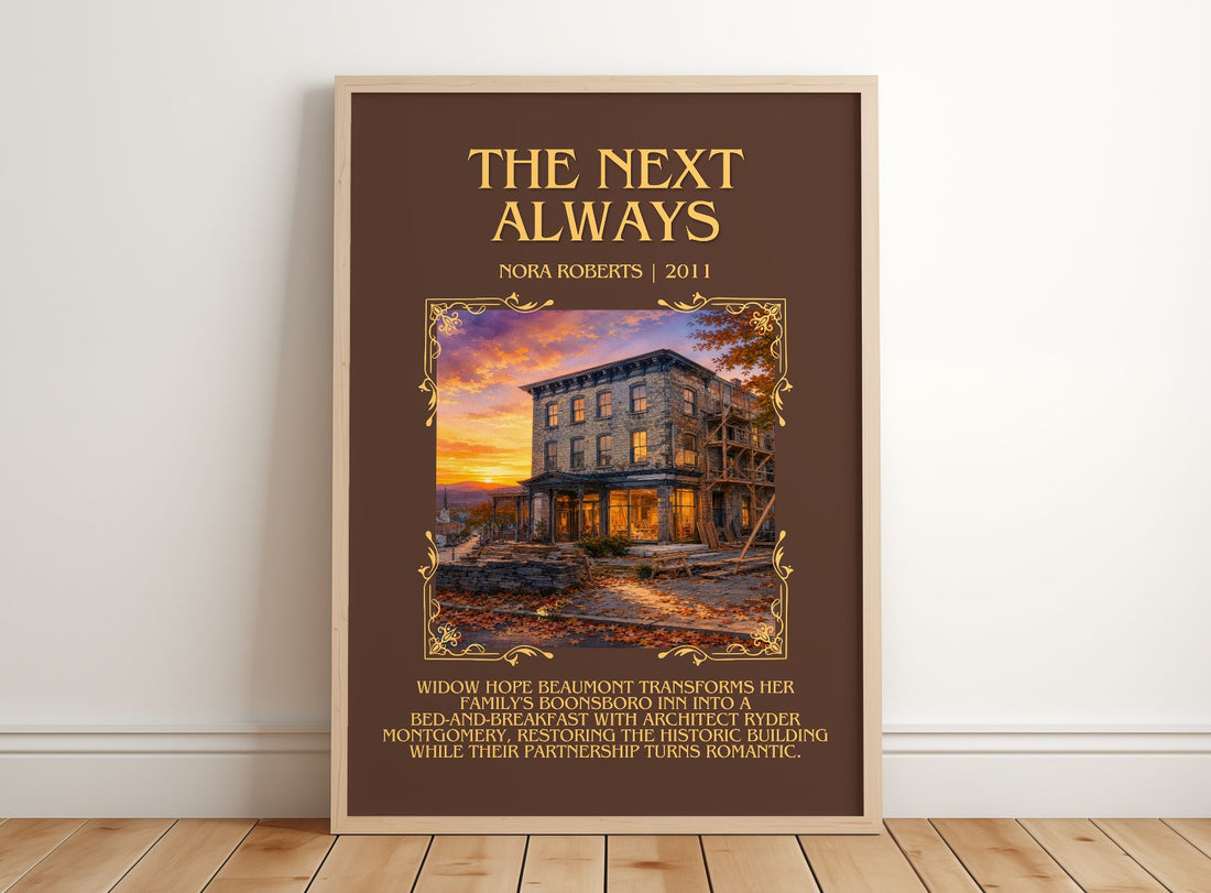 The Next Always Minimalist Book Poster by Nora Roberts – framed print leaning on a wooden floor