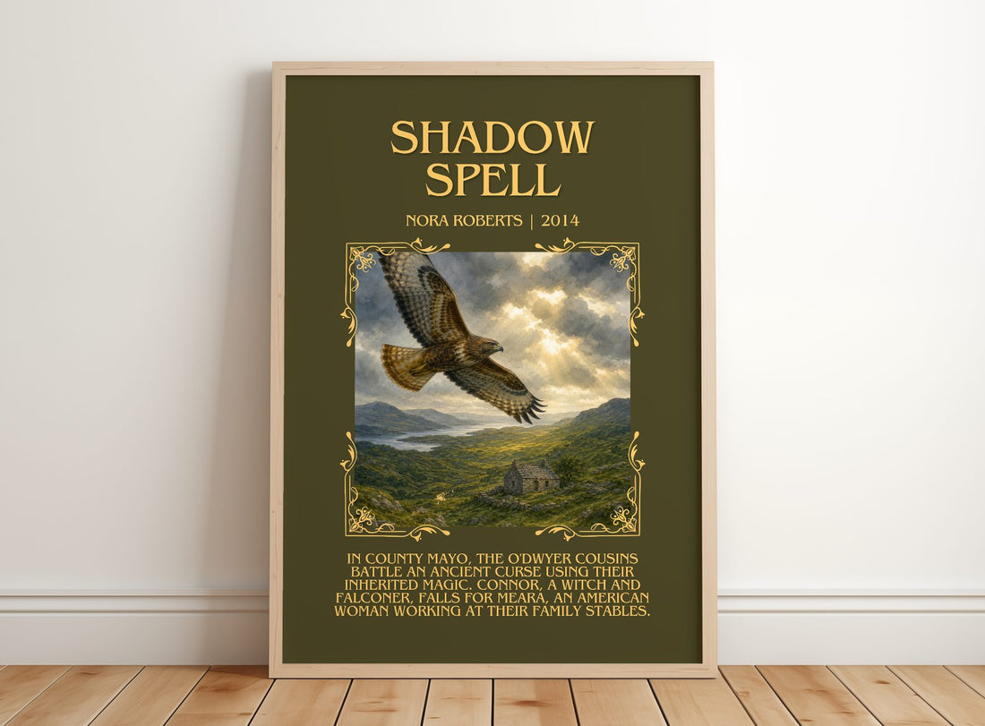 Shadow Spell Minimalist Book Poster by Nora Roberts – framed print leaning on a wooden floor