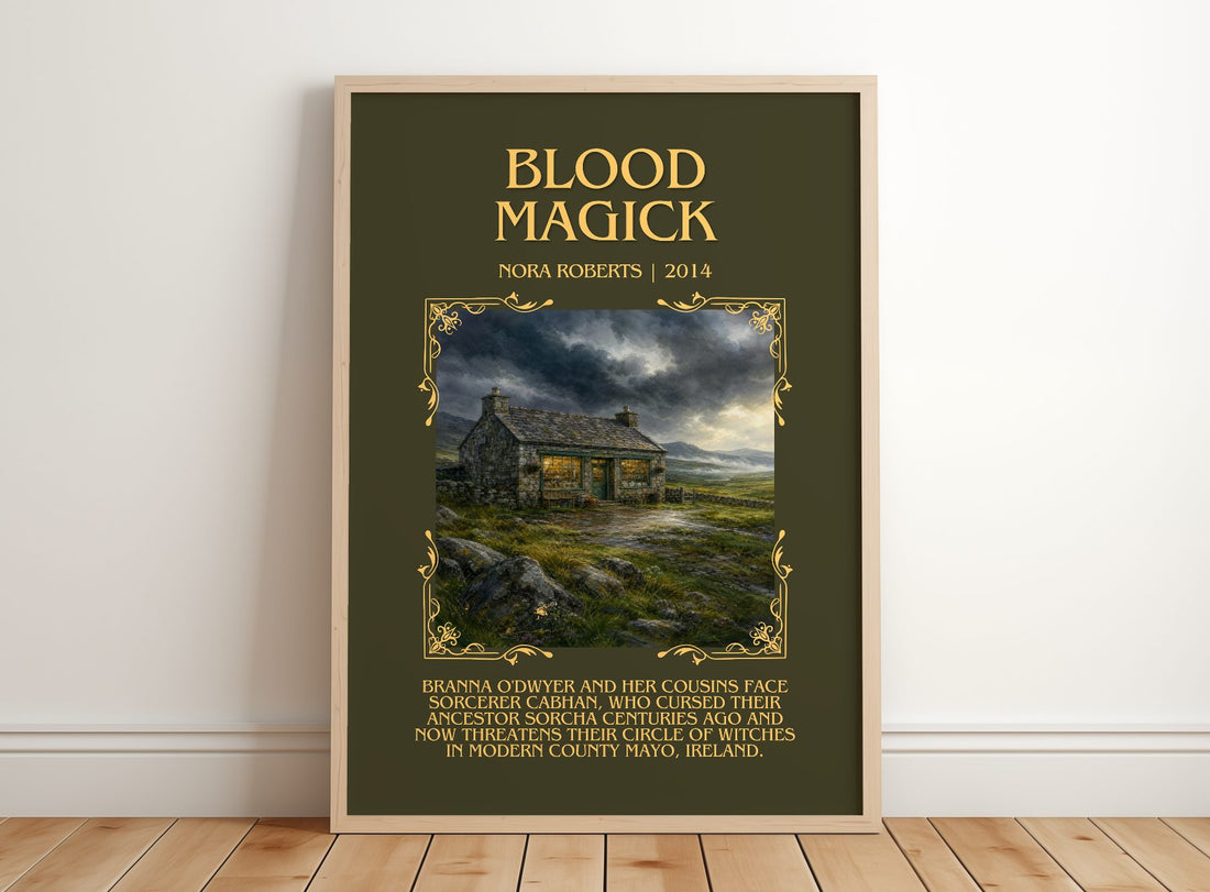 Blood Magick Minimalist Book Poster by Nora Roberts – framed print leaning on a wooden floor