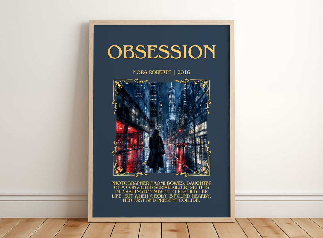 Obsession Minimalist Book Poster by Nora Roberts – framed print leaning on a wooden floor