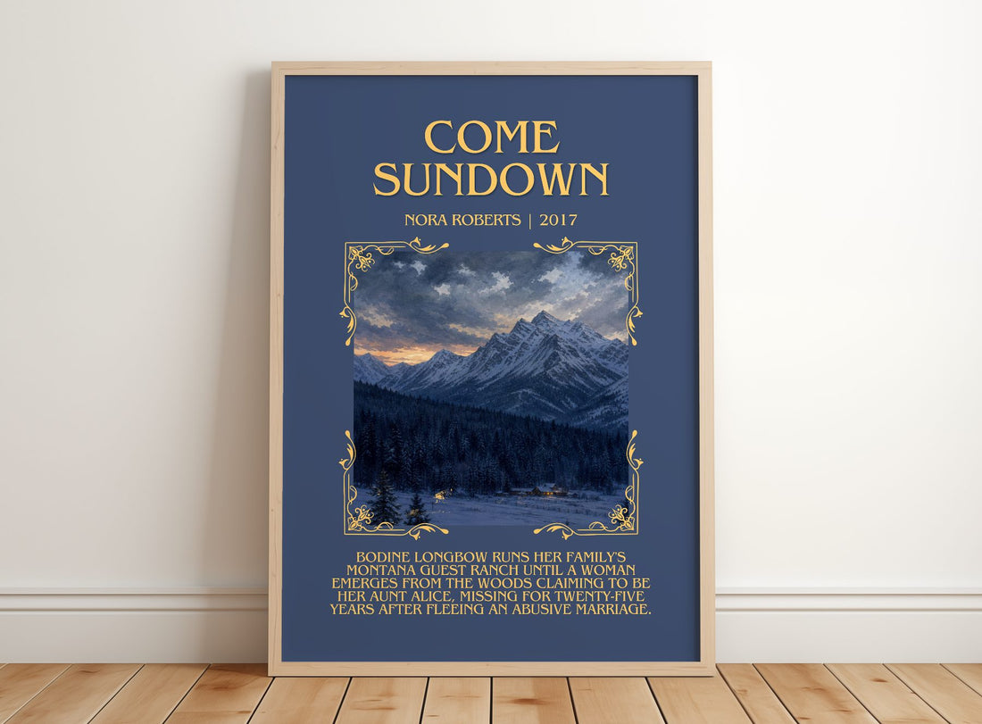 Come Sundown Minimalist Book Poster by Nora Roberts – framed print leaning on a wooden floor