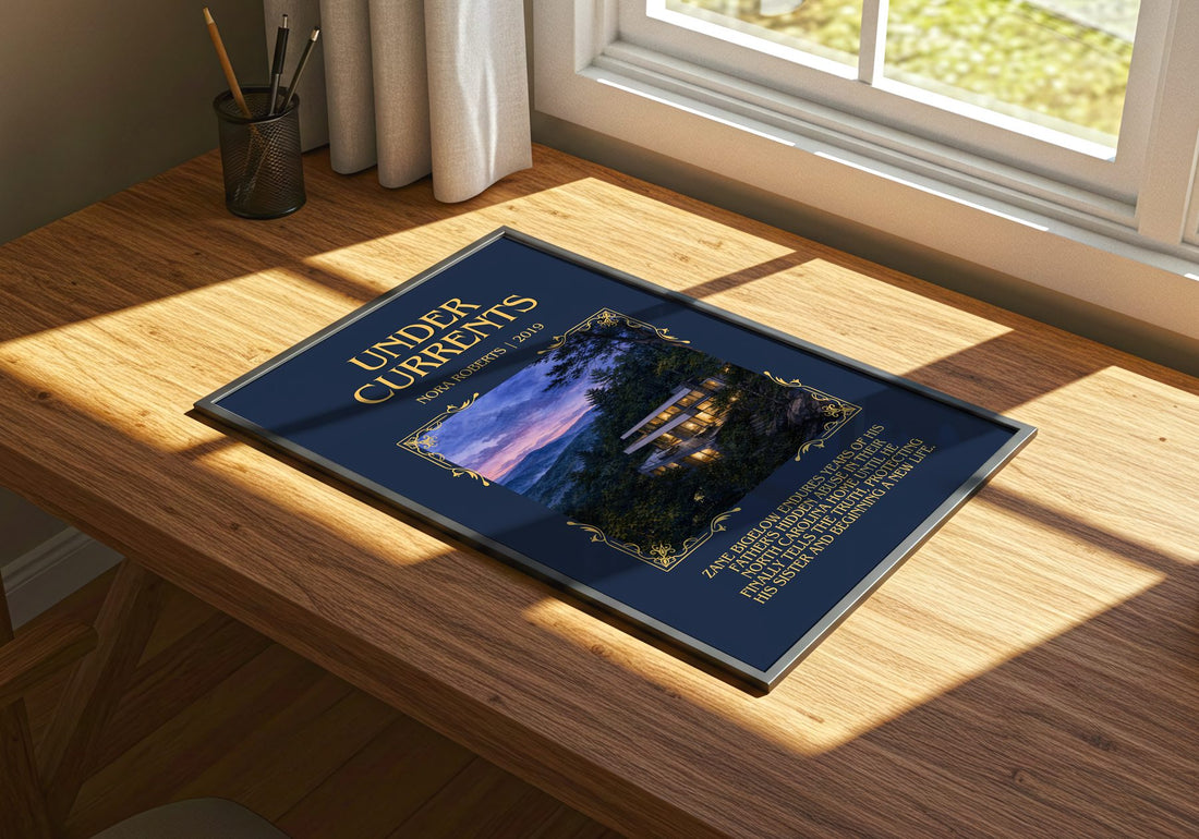 Under Currents Minimalist Book Poster by Nora Roberts – print on a sunlit desk