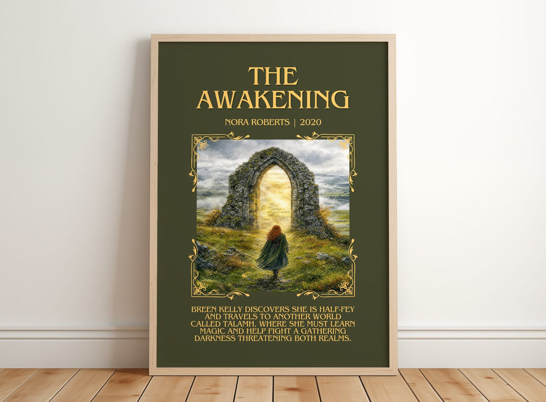 The Awakening Minimalist Book Poster by Nora Roberts – framed print leaning on a wooden floor