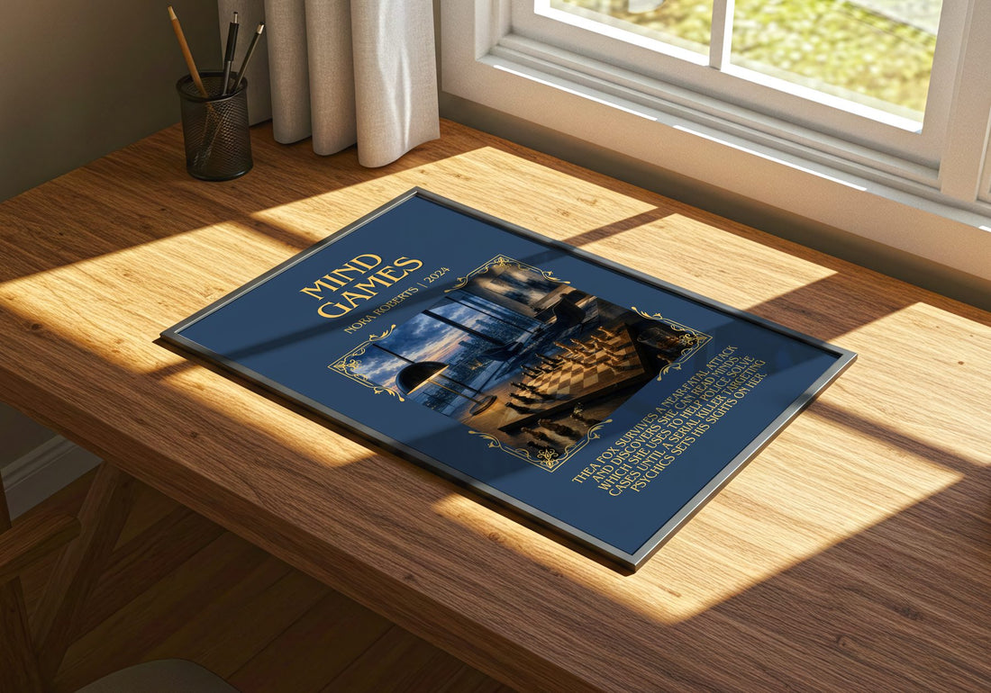 Mind Games Minimalist Book Poster by Nora Roberts – print on a sunlit desk