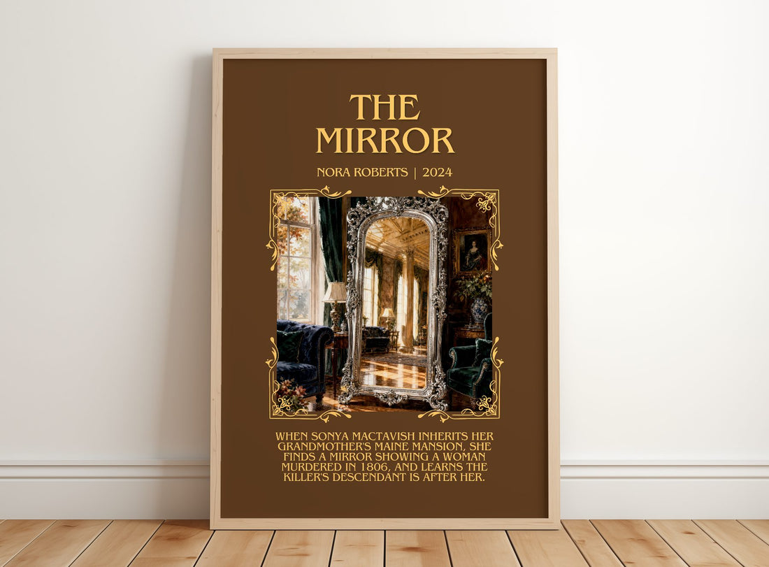 The Mirror Minimalist Book Poster by Nora Roberts – framed print leaning on a wooden floor