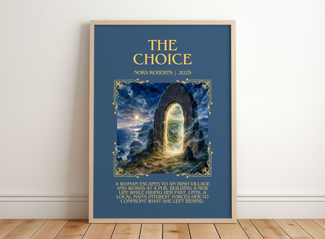 The Choice Minimalist Book Poster by Nora Roberts – framed print leaning on a wooden floor