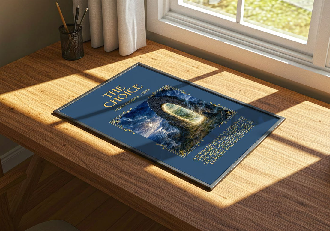 The Choice Minimalist Book Poster by Nora Roberts – print on a sunlit desk