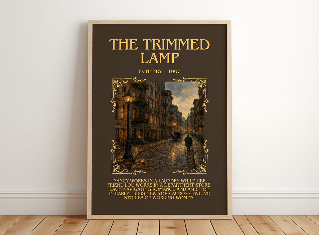 The Trimmed Lamp Minimalist Book Poster by O. Henry – framed print leaning on a wooden floor