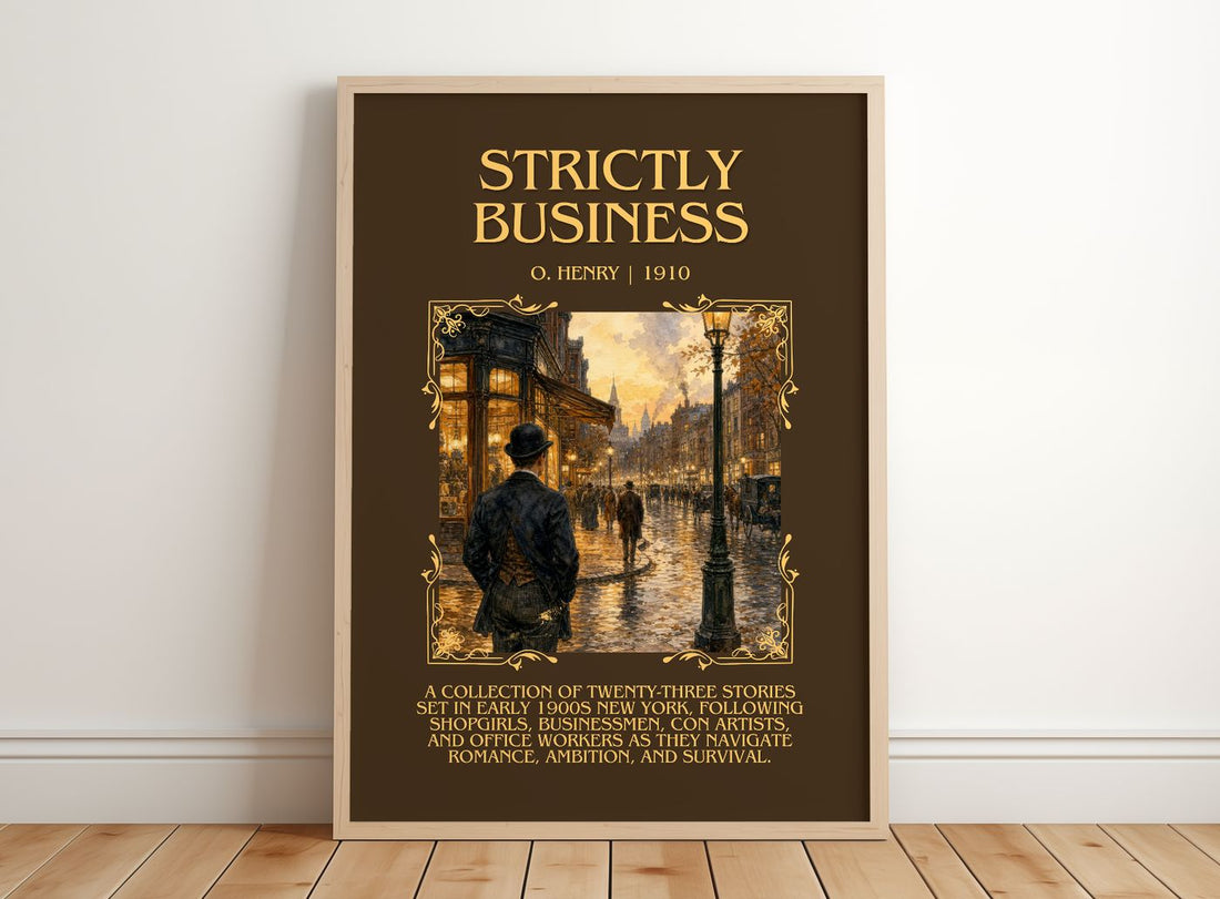 Strictly Business Minimalist Book Poster by O. Henry – framed print leaning on a wooden floor