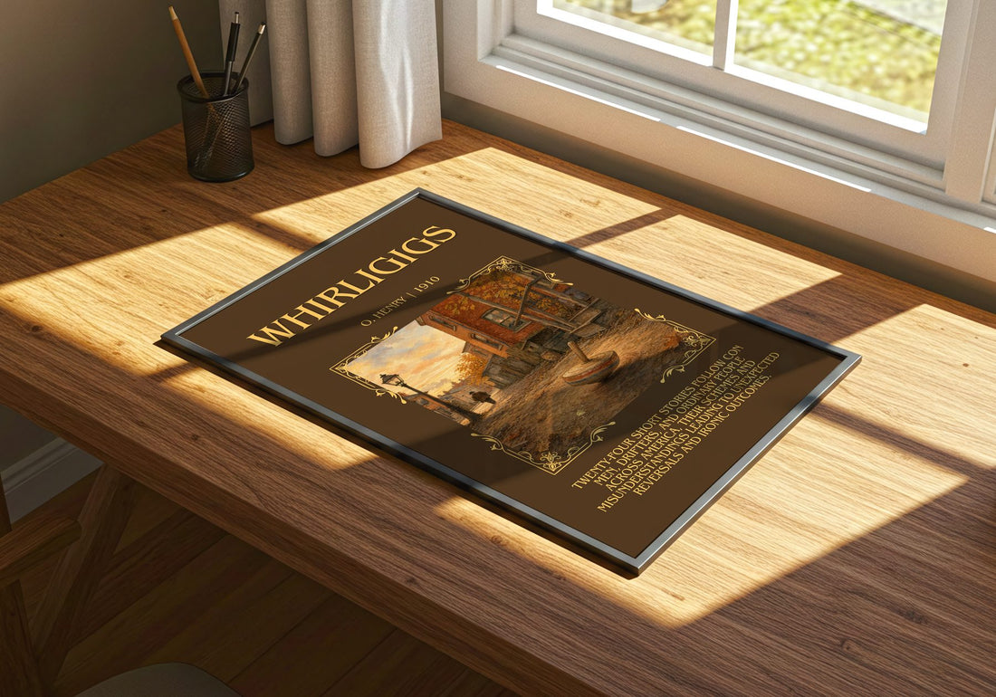 Whirligigs Minimalist Book Poster by O. Henry – print on a sunlit desk