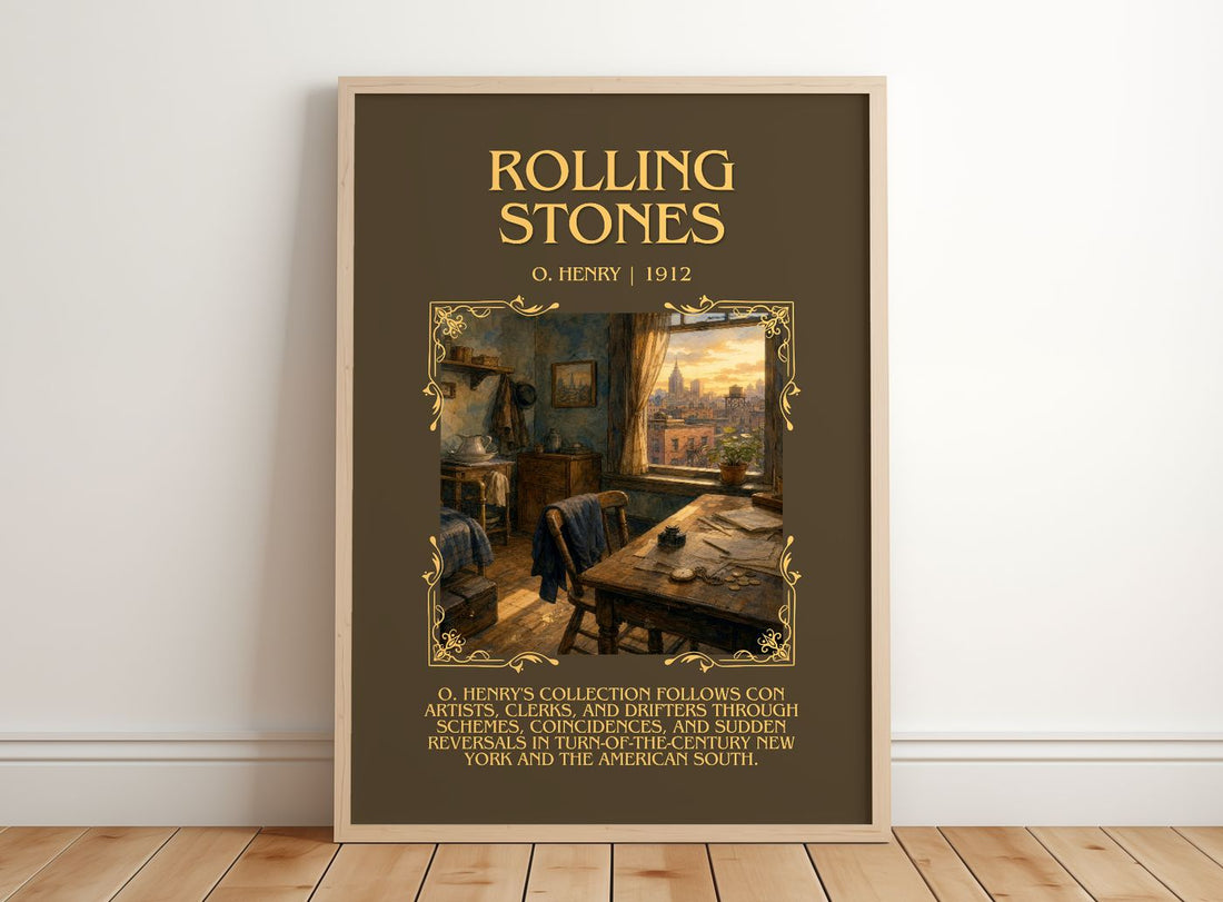 Rolling Stones Minimalist Book Poster by O. Henry – framed print leaning on a wooden floor