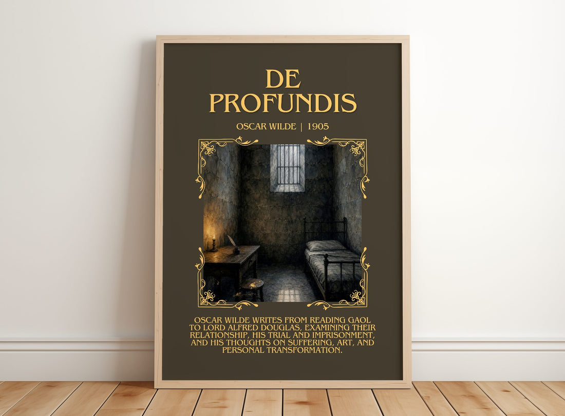 De Profundis Minimalist Book Poster by Oscar Wilde – framed print leaning on a wooden floor