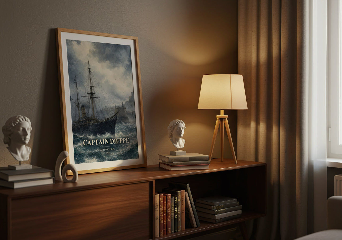 Captain Dieppe watercolour print on bookshelf – Anthony Hope fan gift