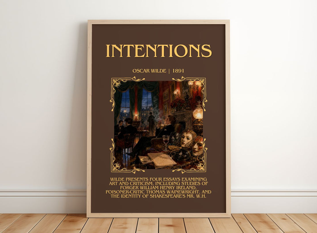 Intentions Minimalist Book Poster by Oscar Wilde – framed print leaning on a wooden floor