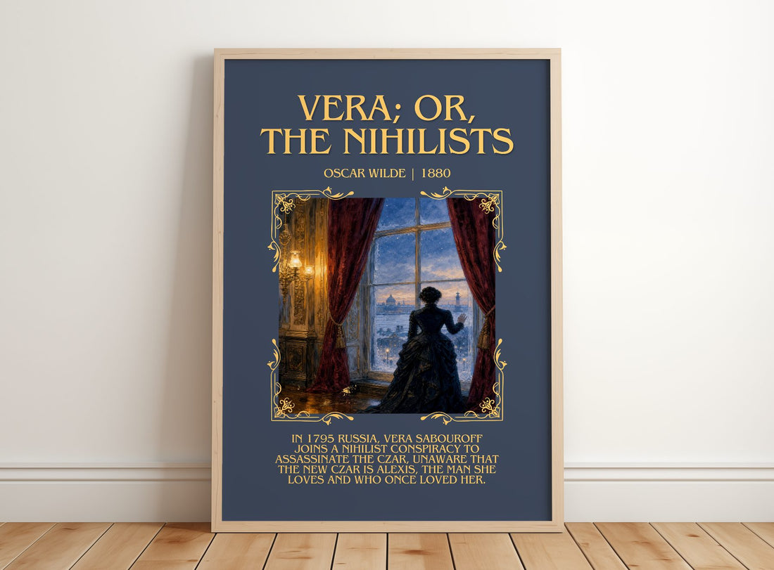 Vera; Or, The Nihilists Minimalist Book Poster by Oscar Wilde – framed print leaning on a wooden floor