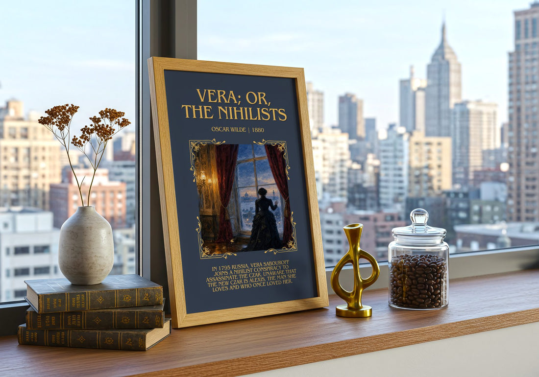 Vera; Or, The Nihilists Minimalist Book Poster by Oscar Wilde – framed print on a city-view windowsill
