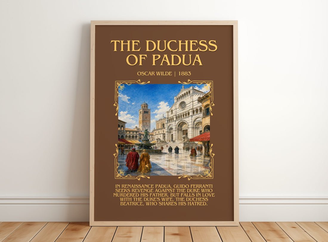 The Duchess Of Padua Minimalist Book Poster by Oscar Wilde – framed print leaning on a wooden floor