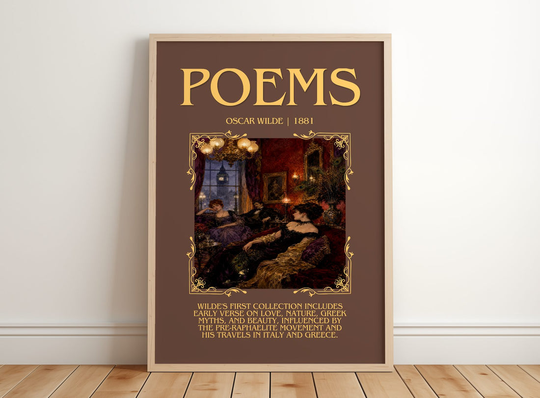 Poems Minimalist Book Poster by Oscar Wilde – framed print leaning on a wooden floor