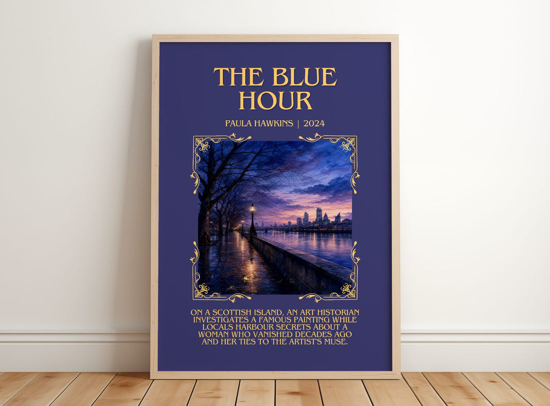 The Blue Hour Minimalist Book Poster by Paula Hawkins – framed print leaning on a wooden floor