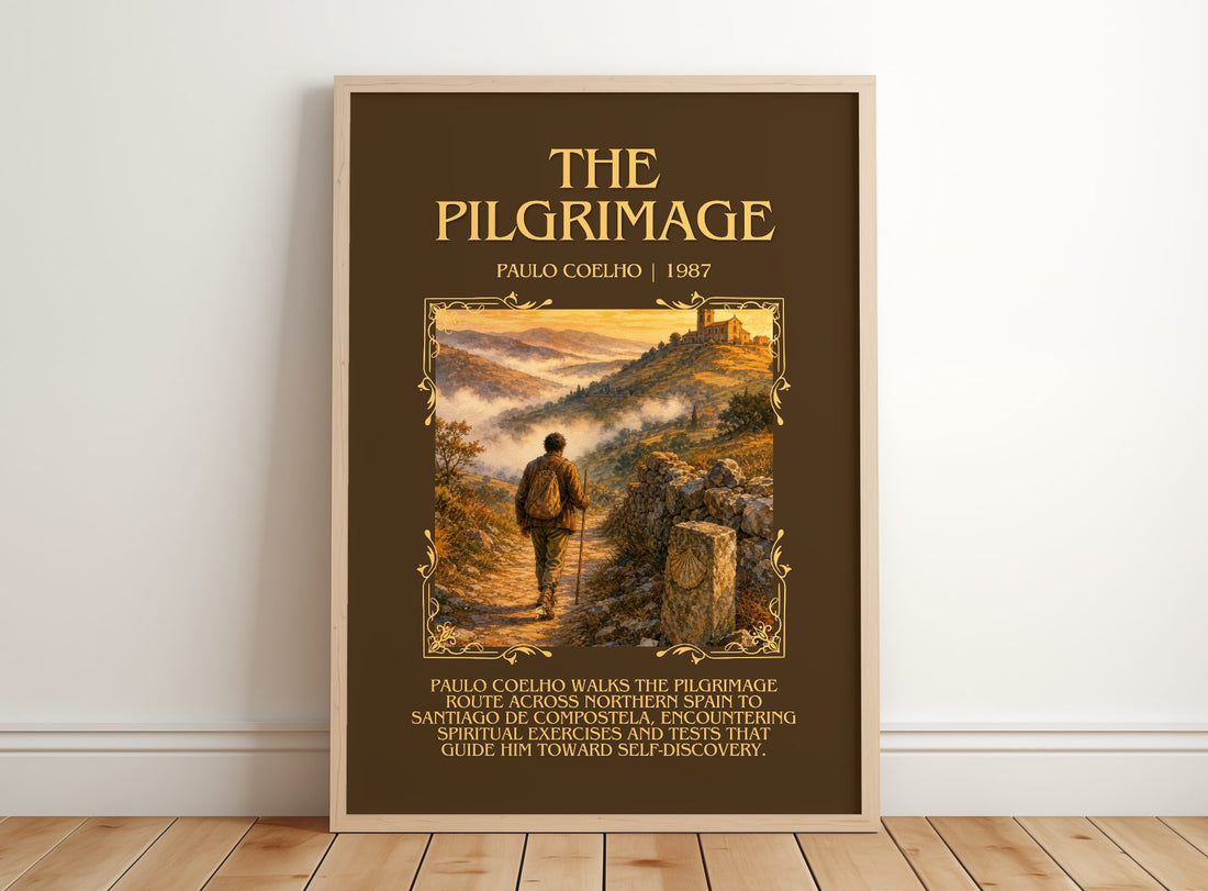 The Pilgrimage Minimalist Book Poster by Paulo Coelho – framed print leaning on a wooden floor
