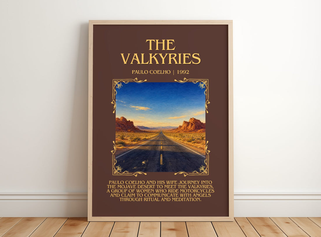 The Valkyries Minimalist Book Poster by Paulo Coelho – framed print leaning on a wooden floor