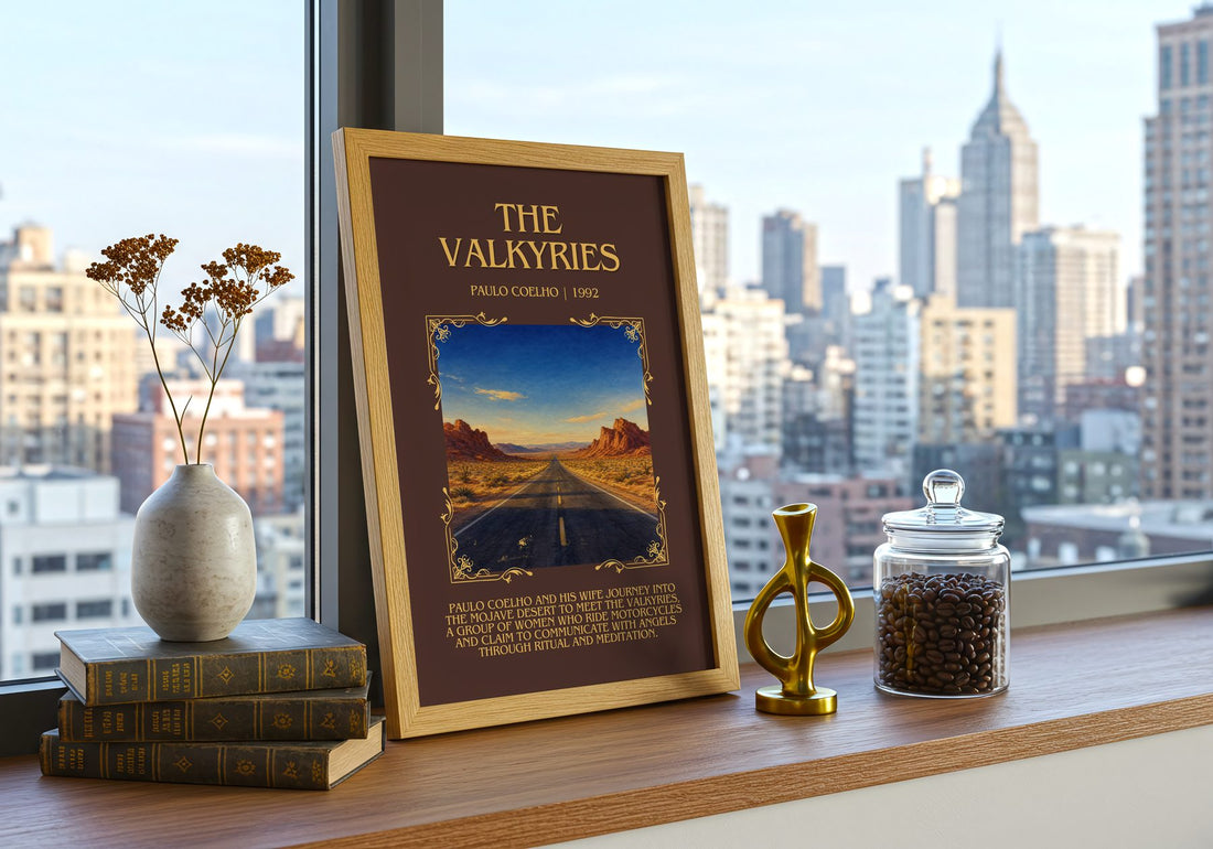 The Valkyries Minimalist Book Poster by Paulo Coelho – framed print on a city-view windowsill