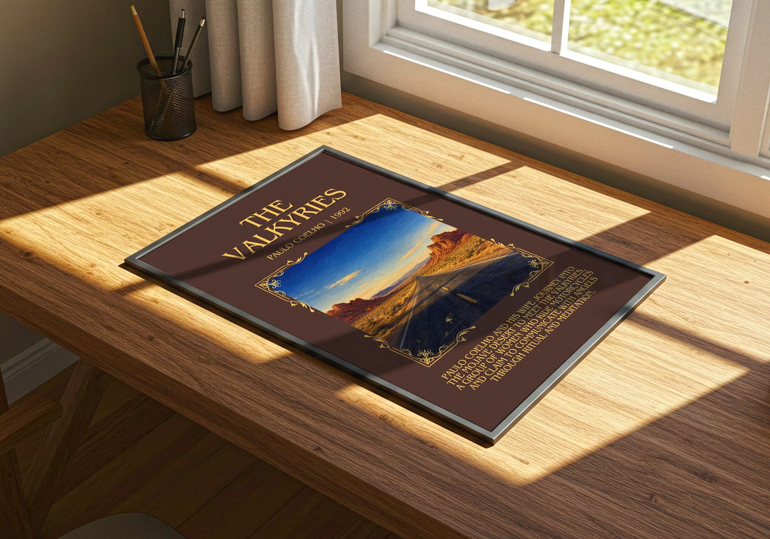 The Valkyries Minimalist Book Poster by Paulo Coelho – print on a sunlit desk