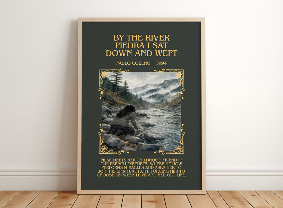 By The River Piedra I Sat Down And Wept Minimalist Book Poster – framed print leaning on a wooden floor