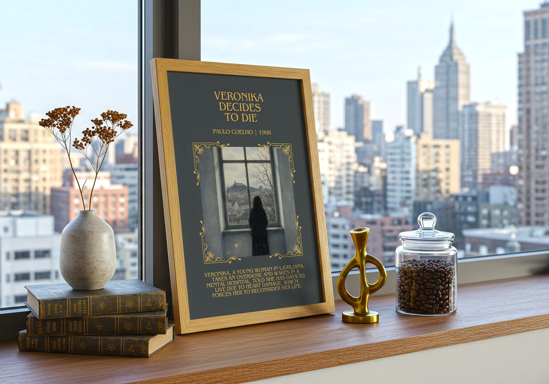 Veronika Decides To Die Minimalist Book Poster by Paulo Coelho – framed print on a city-view windowsill