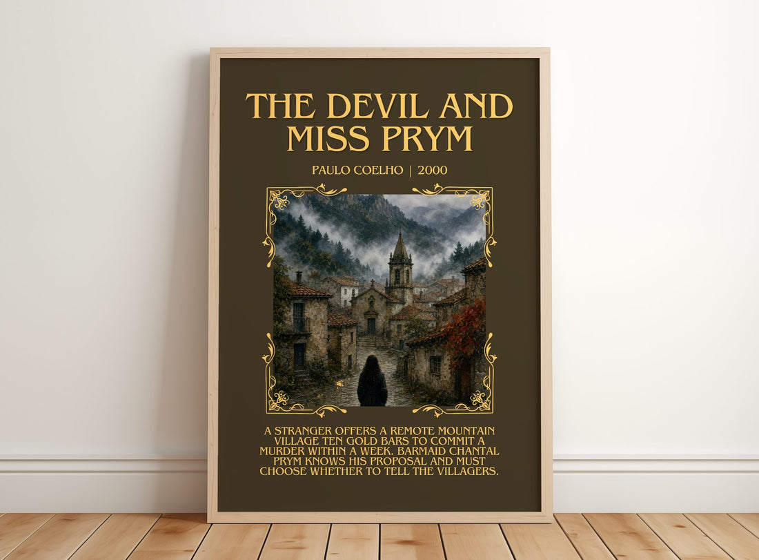 The Devil And Miss Prym Minimalist Book Poster by Paulo Coelho – framed print leaning on a wooden floor