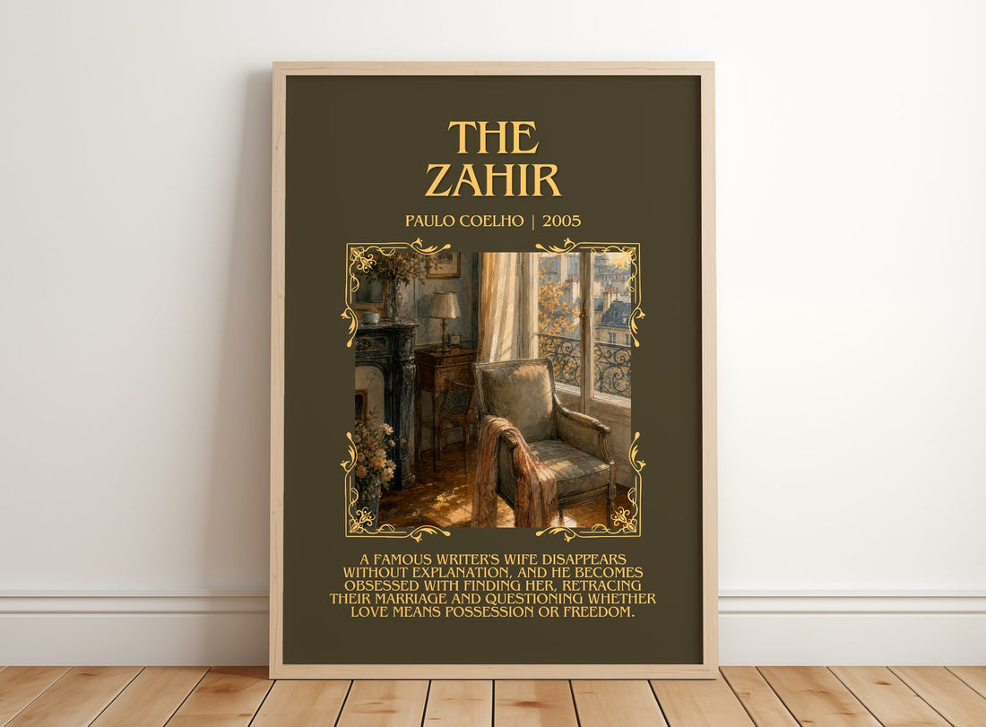 The Zahir Minimalist Book Poster by Paulo Coelho – framed print leaning on a wooden floor