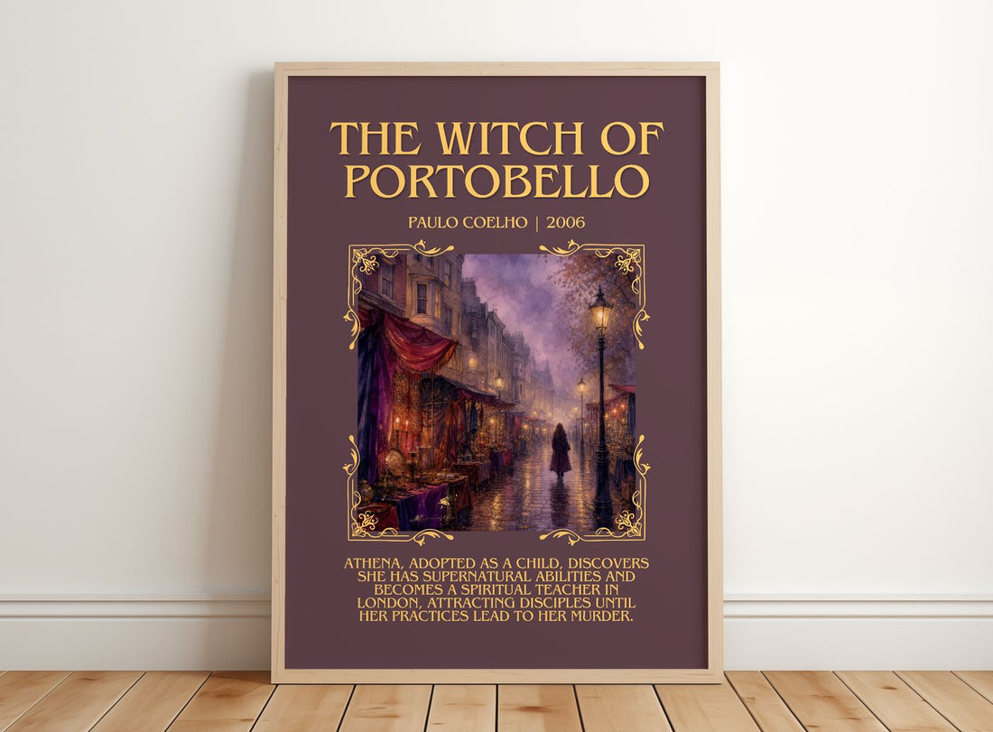 The Witch Of Portobello Minimalist Book Poster by Paulo Coelho – framed print leaning on a wooden floor
