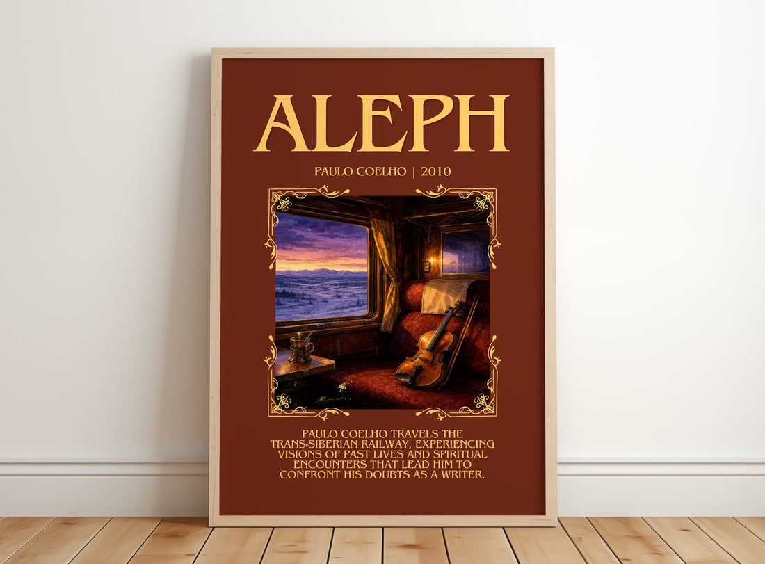 Aleph Minimalist Book Poster by Paulo Coelho – framed print leaning on a wooden floor