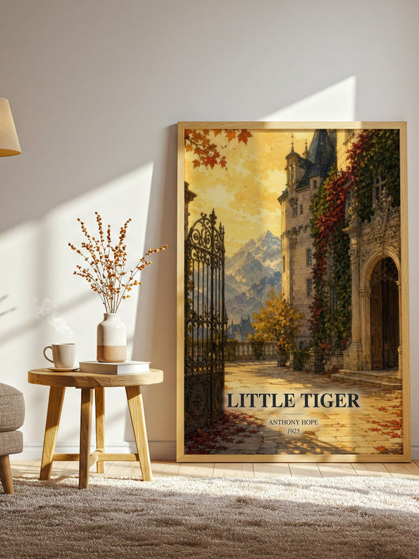 Little Tiger watercolour print in frame leaning in hallway – literary fiction wall art