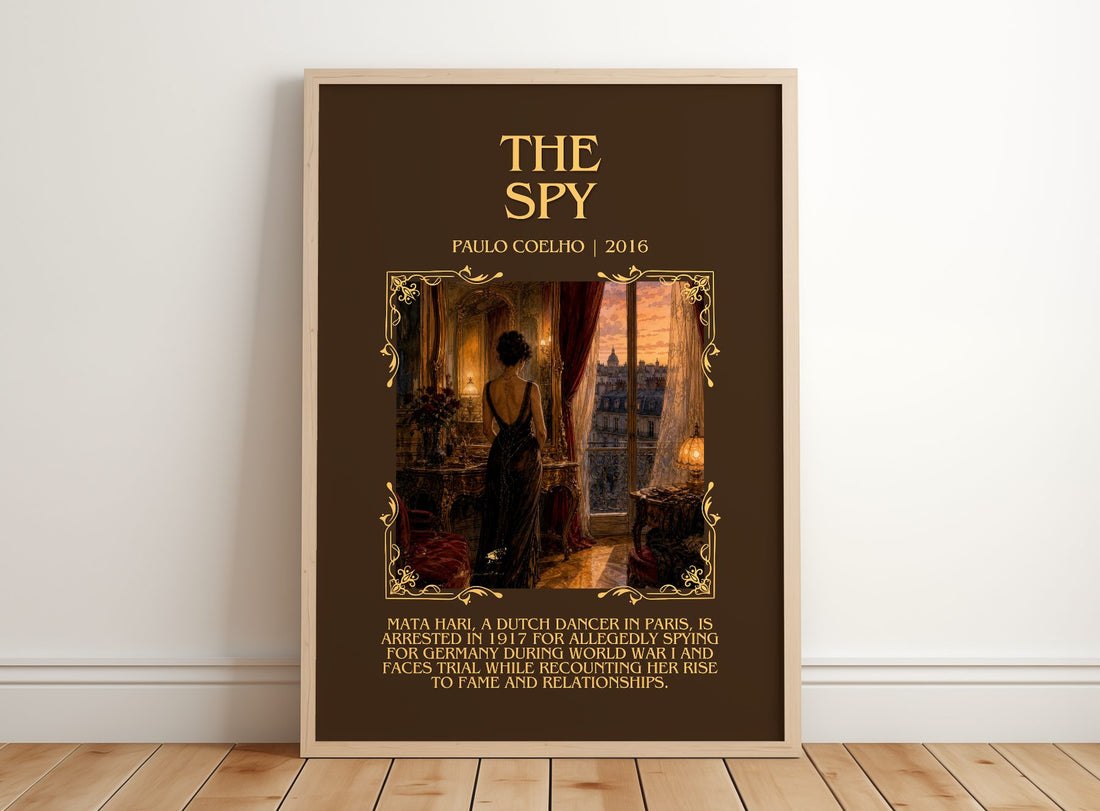 The Spy Minimalist Book Poster by Paulo Coelho – framed print leaning on a wooden floor