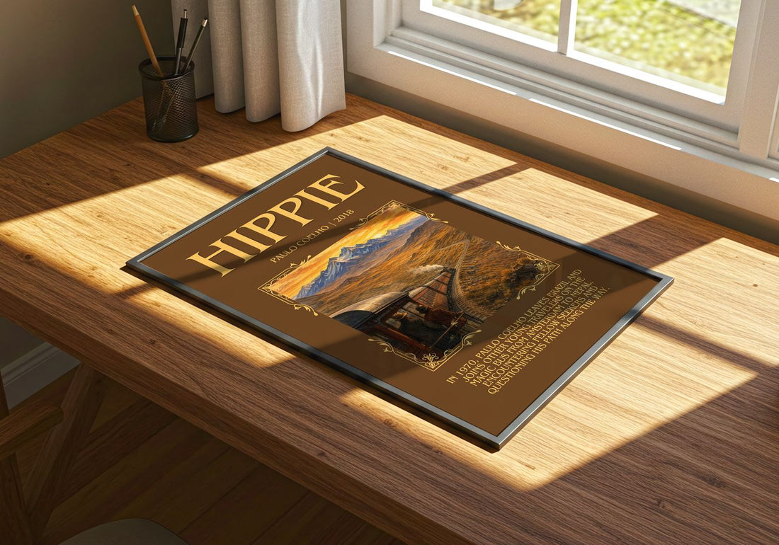 Hippie Minimalist Book Poster by Paulo Coelho – print on a sunlit desk