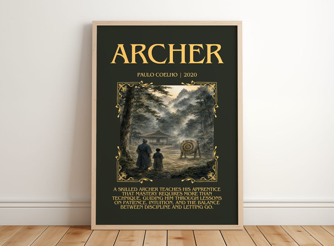 Archer Minimalist Book Poster by Paulo Coelho – framed print leaning on a wooden floor