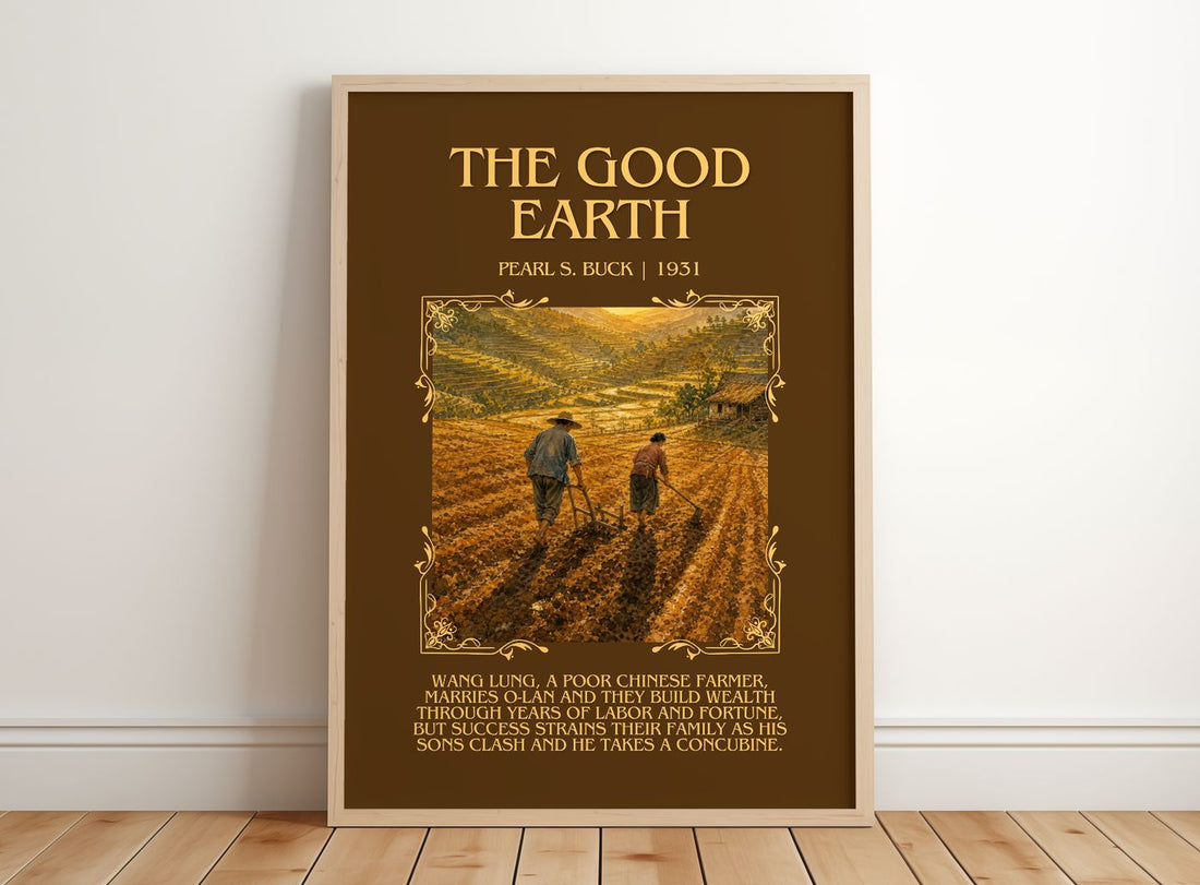 The Good Earth Minimalist Book Poster by Pearl S. Buck – framed print leaning on a wooden floor