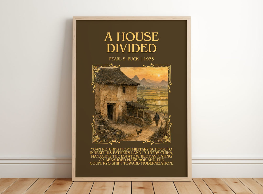 A House Divided Minimalist Book Poster by Pearl S. Buck – framed print leaning on a wooden floor