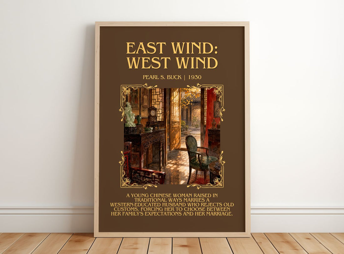 East Wind: West Wind Minimalist Book Poster by Pearl S. Buck – framed print leaning on a wooden floor