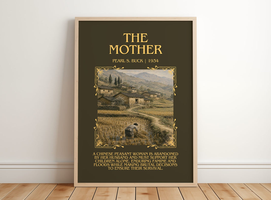 The Mother Minimalist Book Poster by Pearl S. Buck – framed print leaning on a wooden floor