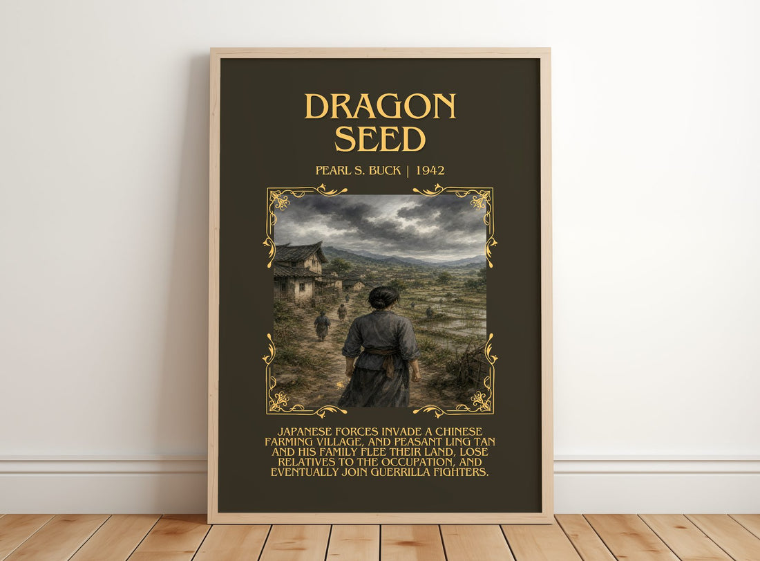Dragon Seed Minimalist Book Poster by Pearl S. Buck – framed print leaning on a wooden floor