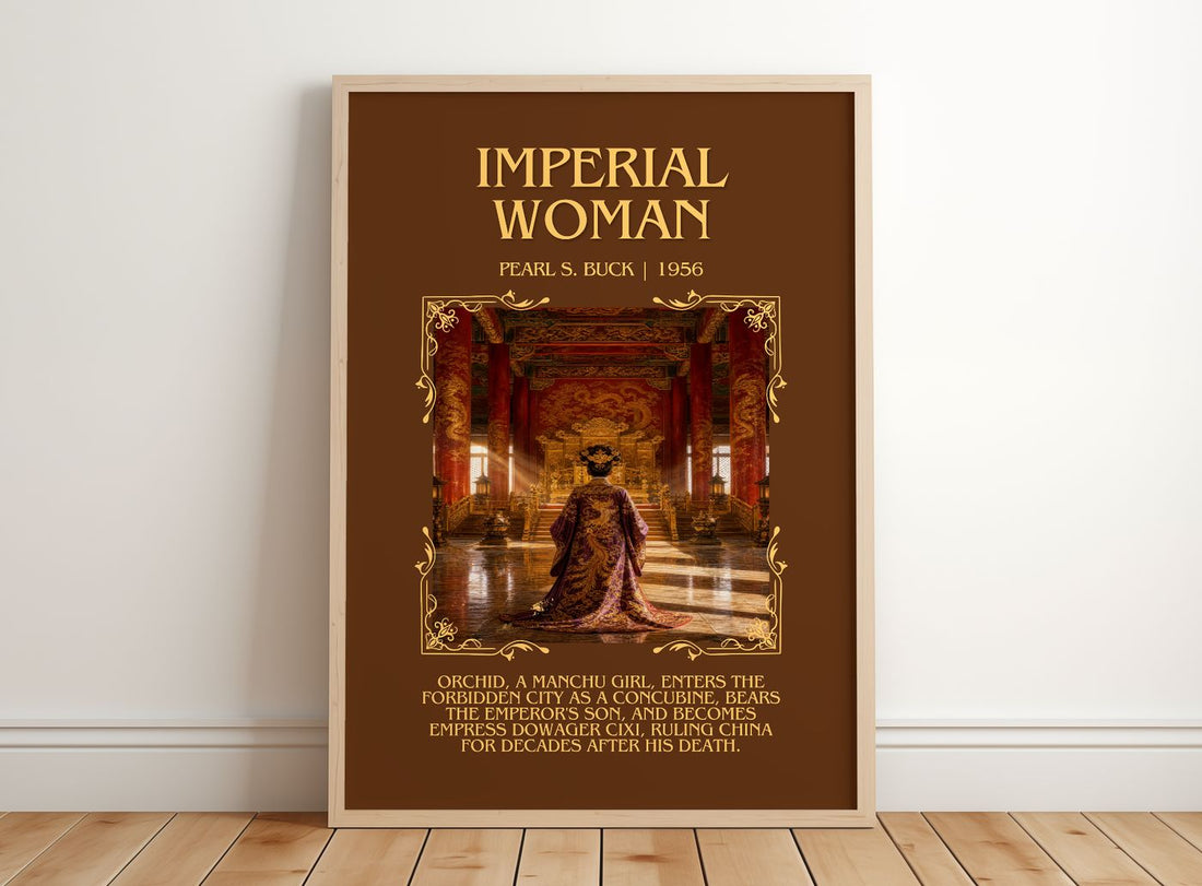 Imperial Woman Minimalist Book Poster by Pearl S. Buck – framed print leaning on a wooden floor