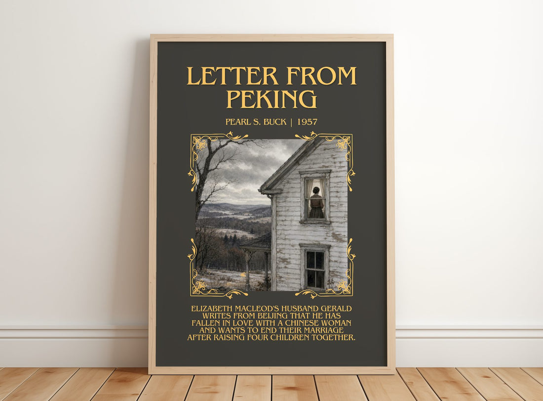 Letter From Peking Minimalist Book Poster by Pearl S. Buck – framed print leaning on a wooden floor